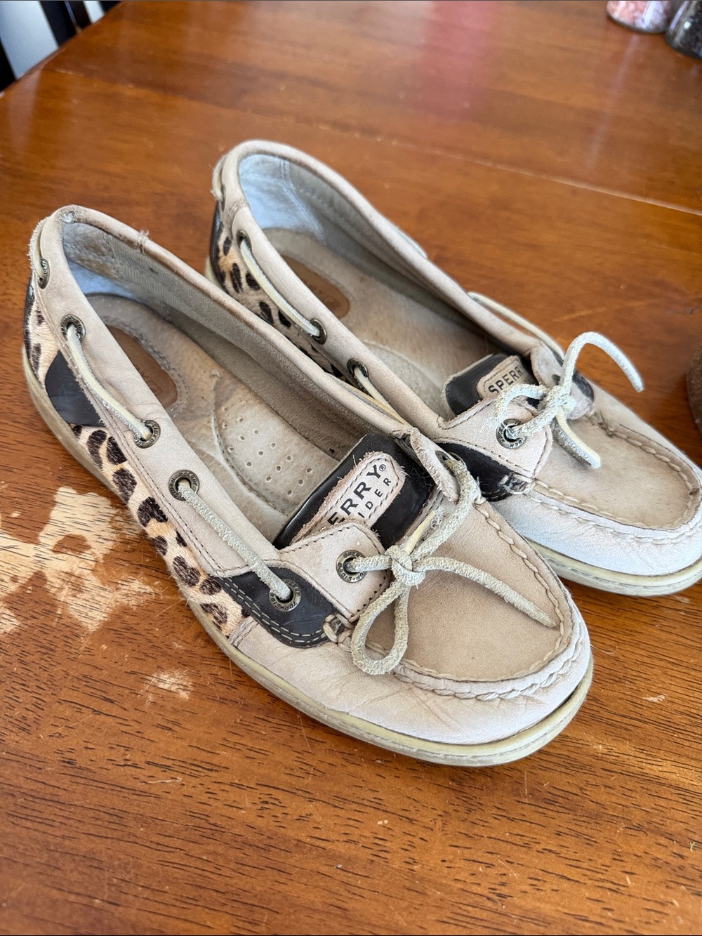 Sperry Beige Loafer Moccasins with Leopard Accent
